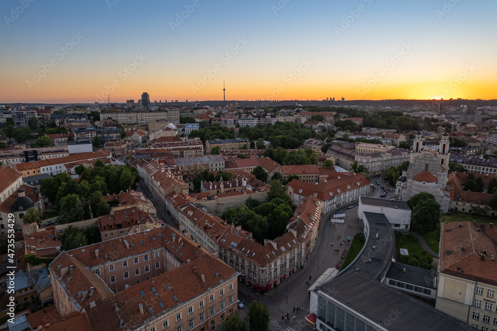 Aerial summer evening sunset view in sunny Vilnius, old town