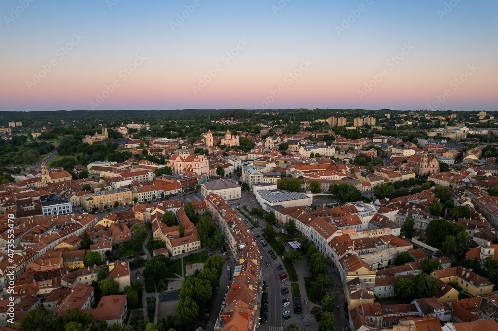 Aerial summer evening sunset view in sunny Vilnius, old town