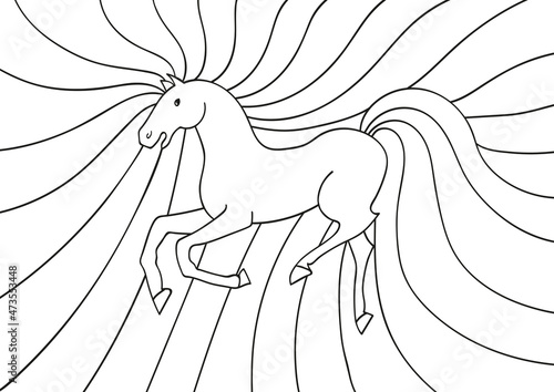 A cute fantasy horse. Hand drawn sketch for coloring pages and relaxing. Stylized cartoon horse in zen-tangle style.