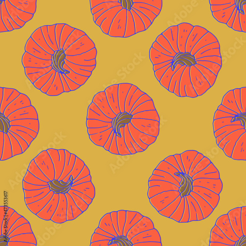 Seamless pattern with hand drawn pumpkins. Offset colors and outlines. Golden background. Vintage autumn digital paper.