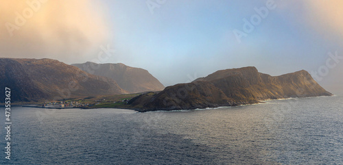 Nerlandsoey Island in panorama view seen from Runde Island, Norway.