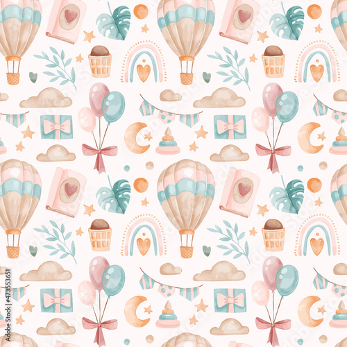 Vector watercolor childish boho pattern with toys and leaves