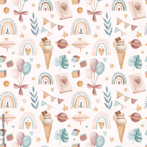 Vector watercolor childish seamless boho pattern with toys and leaves