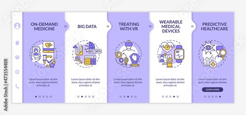 Healthcare system digitalization onboarding vector template. Responsive mobile website with icons. Web page walkthrough 5 step screens. Patient service color concept with linear illustrations