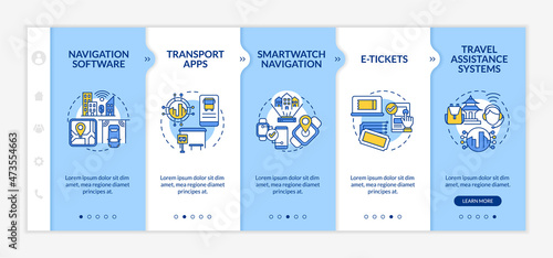 Public transport service digitalization onboarding vector template. Responsive mobile website with icons. Web page walkthrough 5 step screens. Passenger vehicle color concept with linear illustrations