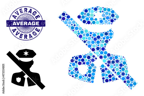 Round dot combination no police guard icon and AVERAGE round textured seal. Blue stamp seal includes AVERAGE title inside circle and guilloche decoration.