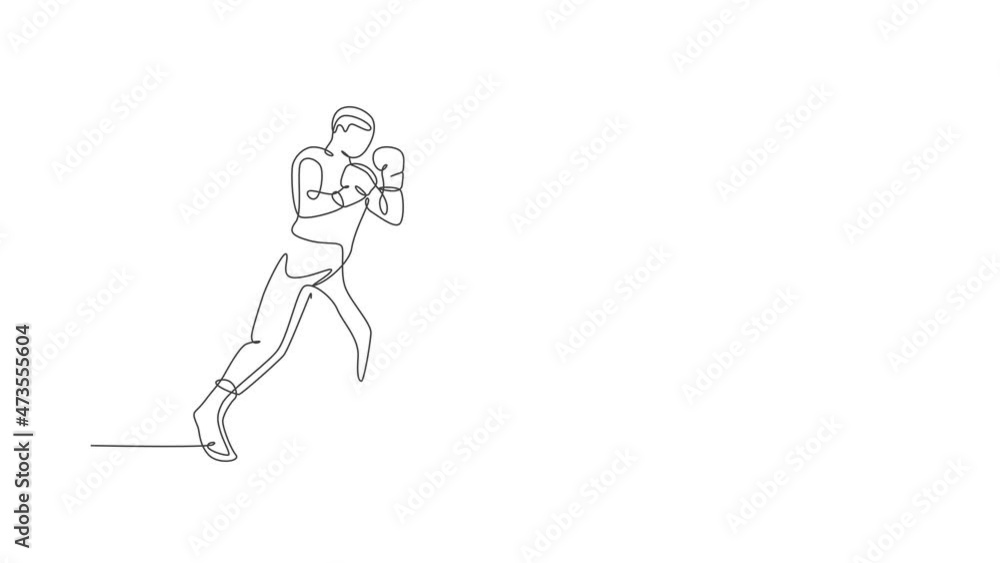 Animation of one line drawing of energetic man boxer ready to attack opponent. Sport combative training concept. Continuous line self draw animated for boxing championship banner. Full length motion. Animation of one line drawing of energetic man boxer ready to attack opponent. Sport combative training concept. Continuous line self draw animated for boxing championship banner. Full length motion.