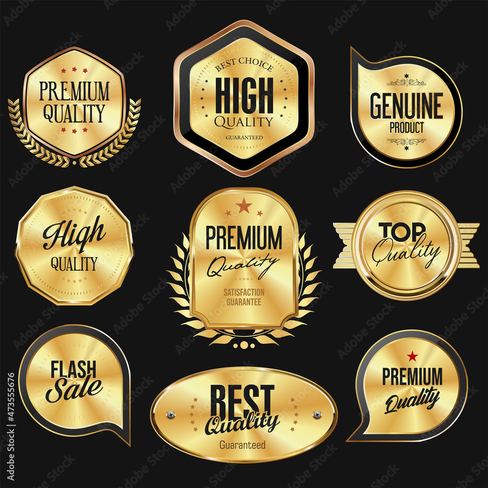Collection of gold silver and bronze metallic badge and labels Collection of gold silver and bronze metallic badge and labels