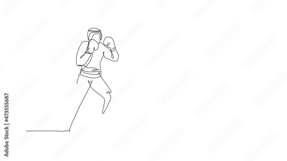 Animated self drawing of continuous line draw young agile man boxer improve his boxing defense skill. Fair combative sport concept. Full length one line animation for boxing game promotion media. Animated self drawing of continuous line draw young agile man boxer improve his boxing defense skill. Fair combative sport concept. Full length one line animation for boxing game promotion media.