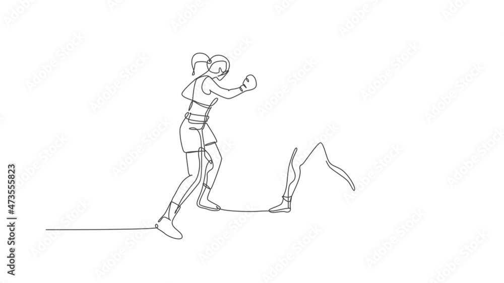 Animated self drawing of one continuous line draw young sporty woman boxer bump their fist punch. Competitive combat sport concept. Full length single line animation for boxing match promotion poster. Animated self drawing of one continuous line draw young sporty woman boxer bump their fist punch. Competitive combat sport concept. Full length single line animation for boxing match promotion poster.