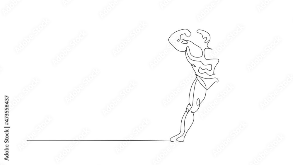 Animated self drawing of one continuous line draw young strong model man bodybuilder pose confidently. Fitness center gym logo concept. Full length single line animation for bodybuilding contest. Animated self drawing of one continuous line draw young strong model man bodybuilder pose confidently. Fitness center gym logo concept. Full length single line animation for bodybuilding contest.