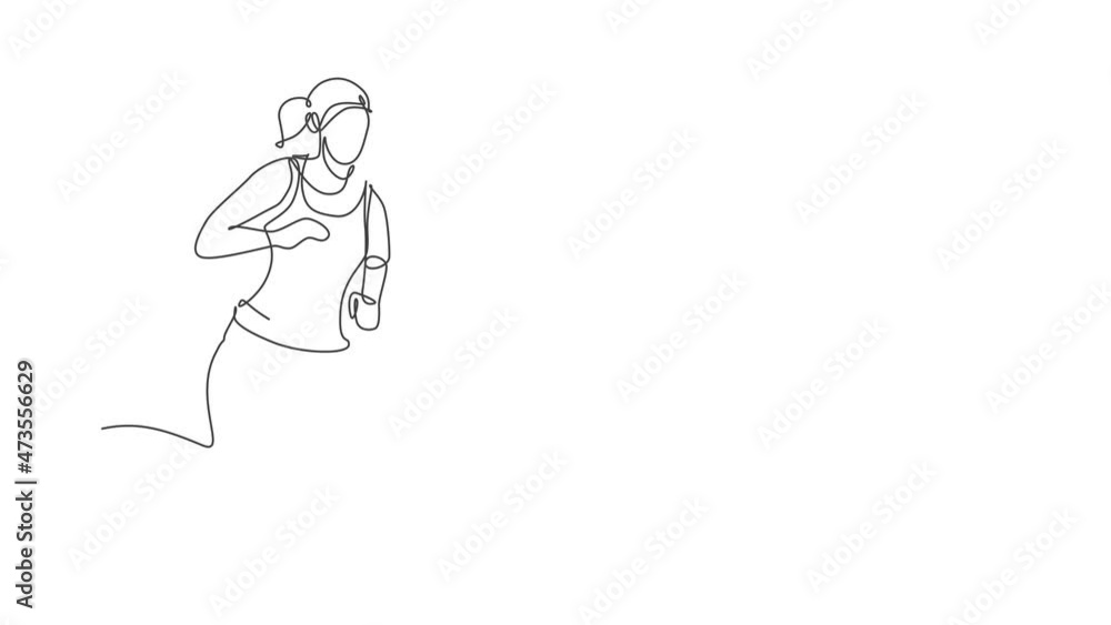 Animated self drawing of single continuous line draw young agile woman runner hobby to run relax and calm. Healthy sport action concept. Full length one line animation for running race promotion. Animated self drawing of single continuous line draw young agile woman runner hobby to run relax and calm. Healthy sport action concept. Full length one line animation for running race promotion.
