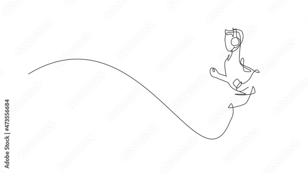 Animation of one line drawing of happy man runner run relax while listening music with smartphone and headphone. Healthy sport training concept. Continuous line self draw animated. Full length motion. Animation of one line drawing of happy man runner run relax while listening music with smartphone and headphone. Healthy sport training concept. Continuous line self draw animated. Full length motion.