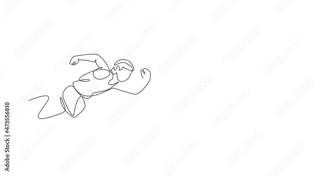 Animated self drawing of one continuous line draw young sporty man runner focus to sprint run fast. Health activity sport concept. Full length single line animation for running event promotion poster. Animated self drawing of one continuous line draw young sporty man runner focus to sprint run fast. Health activity sport concept. Full length single line animation for running event promotion poster.