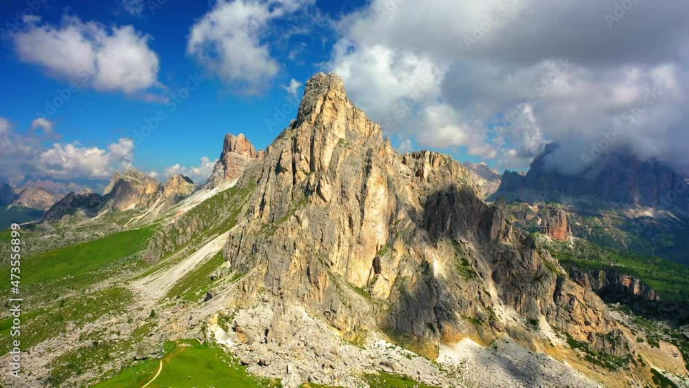 Aerial Panning Scenic Shot Of Natural Mountains, Drone Flying Over Landscape - Giau Pass, Italy Aerial Panning Scenic Shot Of Natural Mountains, Drone Flying Over Landscape - Giau Pass, Italy