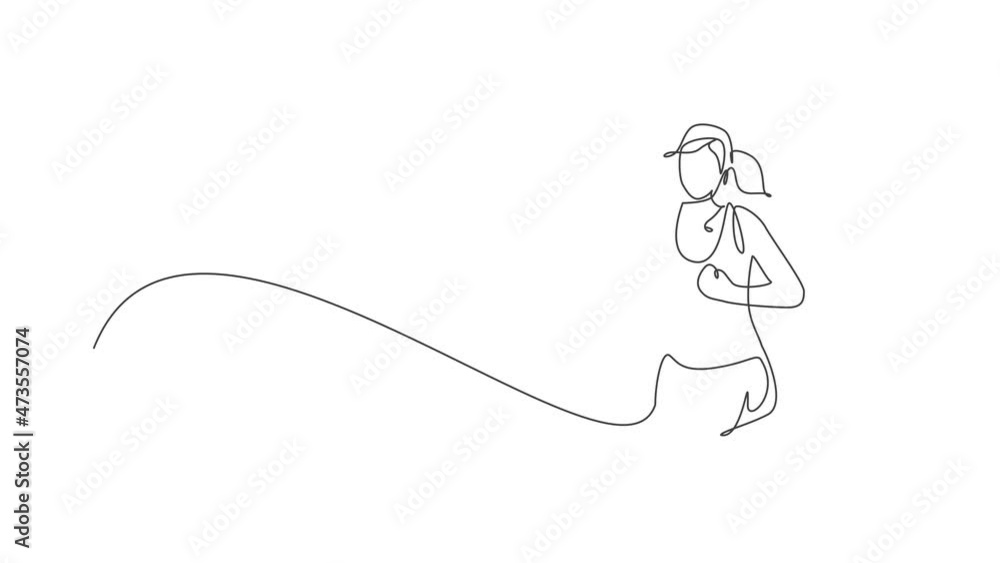 Animated self drawing of single continuous line draw young happy health runner woman running at run track. Fun sport jogging and healthy lifestyle concept. Full length one line animation illustration. Animated self drawing of single continuous line draw young happy health runner woman running at run track. Fun sport jogging and healthy lifestyle concept. Full length one line animation illustration.