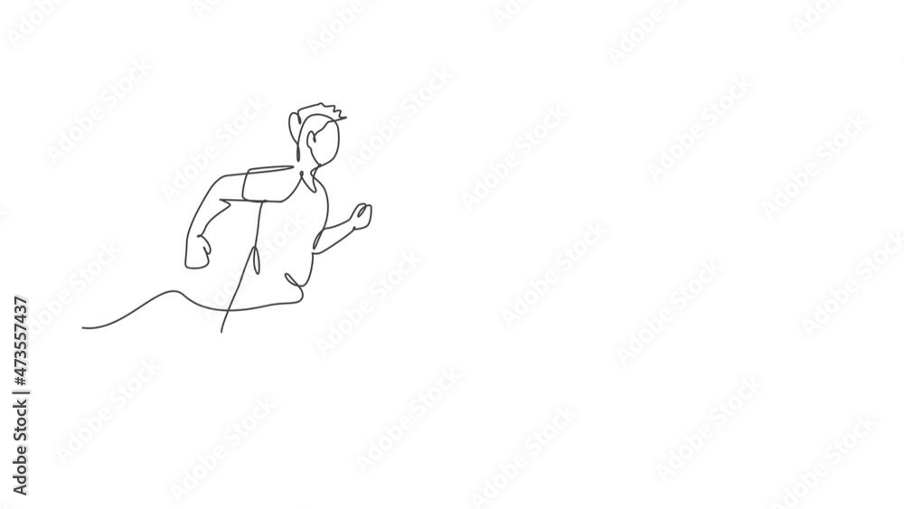 Animated self drawing of single continuous line draw young agile man runner from side view. Individual sport with competition concept. Full length one line animation for running tournament promotion. Animated self drawing of single continuous line draw young agile man runner from side view. Individual sport with competition concept. Full length one line animation for running tournament promotion.