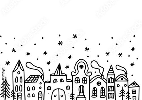 Christmas street house exteriors. Winter graphic black white landscape. Cute border element. Linear doodle vector sketch illustration.