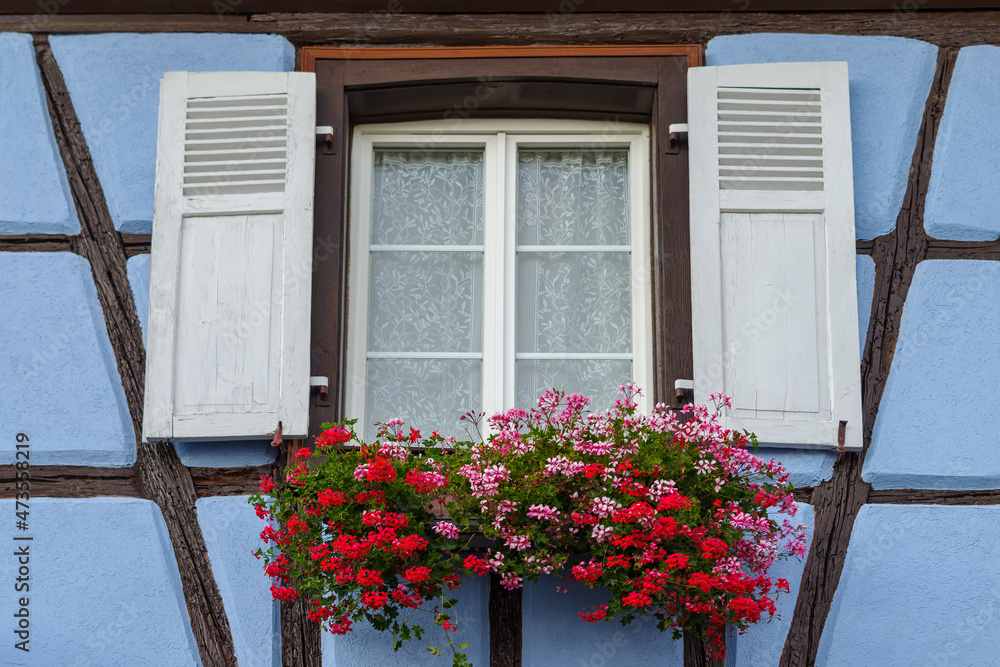 Flowering plants growing in window box on the half-timbered house