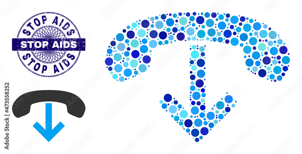 Circle mosaic phone hang up icon and STOP AIDS round grunge watermark. Violet stamp seal includes STOP AIDS title inside circle and guilloche style. Vector mosaic is based on phone hang up icon, Circle mosaic phone hang up icon and STOP AIDS round grunge watermark. Violet stamp seal includes STOP AIDS title inside circle and guilloche style. Vector mosaic is based on phone hang up icon,