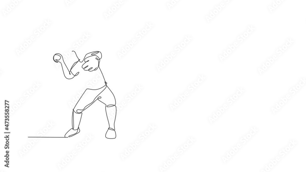 Animated self drawing of continuous line draw agile man baseball player practice to throw the ball. Sport exercise concept. Full length one line animation illustration for baseball promotion media. Animated self drawing of continuous line draw agile man baseball player practice to throw the ball. Sport exercise concept. Full length one line animation illustration for baseball promotion media.