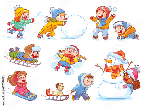 Children playing outside snowballs and sledding from a snow slide. Kids playing in winter outdoors. Colorful cartoon characters. Funny vector illustration. Isolated on white background. Set
