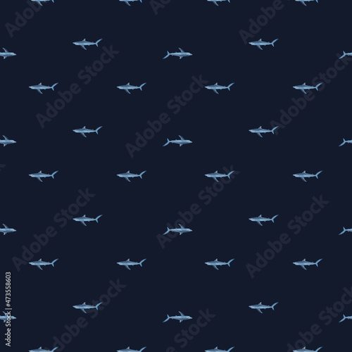 Seamless pattern Blue shark on black background. Texture of marine fish for any purpose.