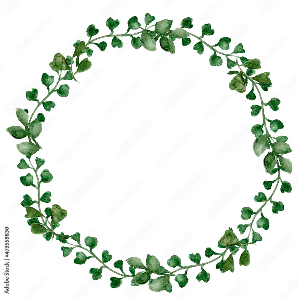 Floral hand painted garland, Watercolor green leaf wreath, Rustic greenery frame, leaves and branches frame isolated on white background, For wedding design, invitation, greeting card