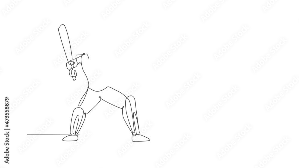Animation of one line drawing young energetic man cricket player stance standing to hit the ball. Sport concept. Continuous line self draw animated for cricket competition banner. Full length motion. Animation of one line drawing young energetic man cricket player stance standing to hit the ball. Sport concept. Continuous line self draw animated for cricket competition banner. Full length motion.