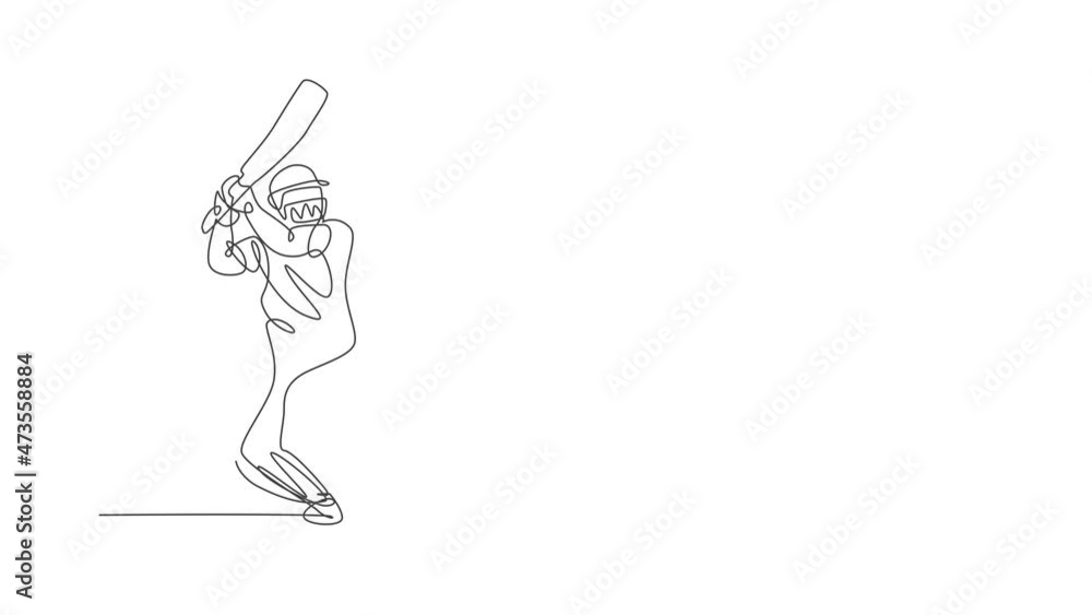 Animated self drawing of continuous line draw man cricket player standing ready to receive ball from pitcher. Competitive sport concept. Full length single line animation for advertisement poster. Animated self drawing of continuous line draw man cricket player standing ready to receive ball from pitcher. Competitive sport concept. Full length single line animation for advertisement poster.