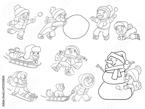 Children playing outside snowballs and sledding from a snow slide. Kids playing in winter outdoors. Funny cartoon characters. Vector illustration. Isolated on white background. Coloring book. Set