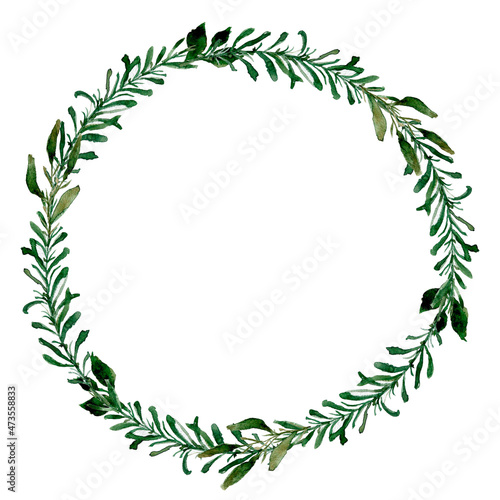 Rustic greenery frame, Floral hand painted garland, Watercolor green leaf wreath, leaves and branches frame isolated on white background, For wedding design, invitation, greeting card © Anton