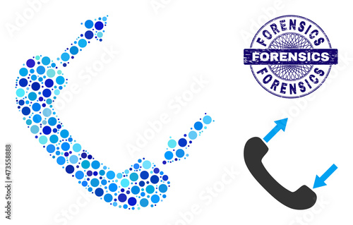 Round dot composition phone talking icon and FORENSICS round rubber stamp imitation. Blue stamp seal includes FORENSICS title inside circle and guilloche ornament.