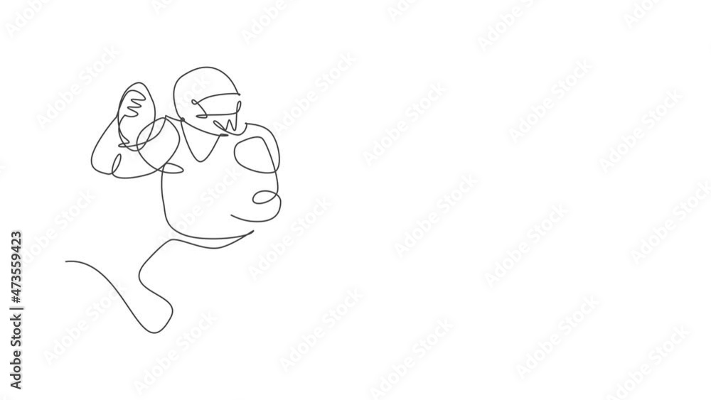 Animated self drawing of one continuous line draw young attractive american football player ready to pass the ball for competition poster. Sport teamwork concept. Full length single line animation. Animated self drawing of one continuous line draw young attractive american football player ready to pass the ball for competition poster. Sport teamwork concept. Full length single line animation.