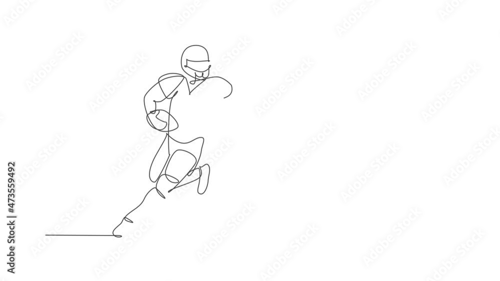 Animated self drawing of one continuous line draw young happy american football player running fast to avoid opponents for competition poster. Sport teamwork concept. Full length single line animation Animated self drawing of one continuous line draw young happy american football player running fast to avoid opponents for competition poster. Sport teamwork concept. Full length single line animation