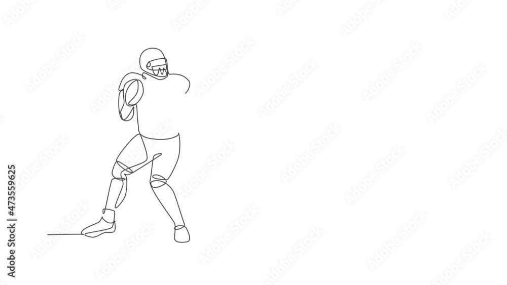 Animated self drawing of continuous line draw young agile man american football player stand stance to pass the ball for competition media. Sport exercise concept. Full length one line animation. Animated self drawing of continuous line draw young agile man american football player stand stance to pass the ball for competition media. Sport exercise concept. Full length one line animation.