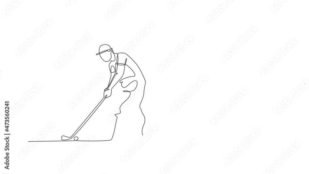 Animation of one single line drawing of young sporty golf player hit the ball using golf club. Healthy sport concept. Continuous line self draw animated for golf tournament poster. Full length motion. Animation of one single line drawing of young sporty golf player hit the ball using golf club. Healthy sport concept. Continuous line self draw animated for golf tournament poster. Full length motion.