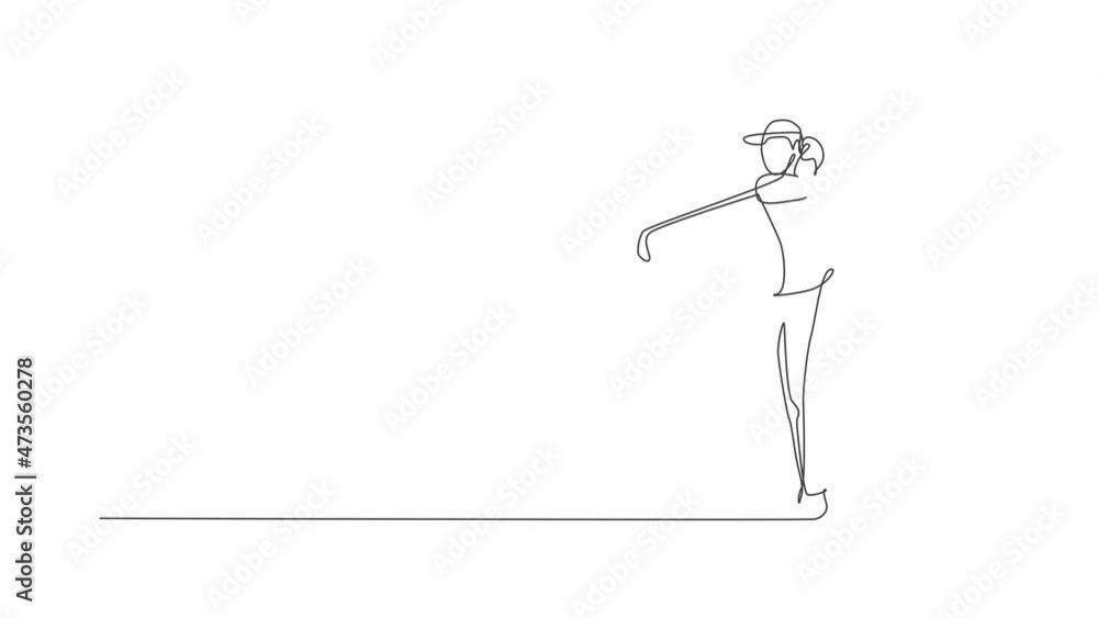 Animated self drawing of continuous line draw young happy golf player swing the golf club to hit the ball. Hobby sport concept. Full length one line animation for golf tournament promotion media. Animated self drawing of continuous line draw young happy golf player swing the golf club to hit the ball. Hobby sport concept. Full length one line animation for golf tournament promotion media.