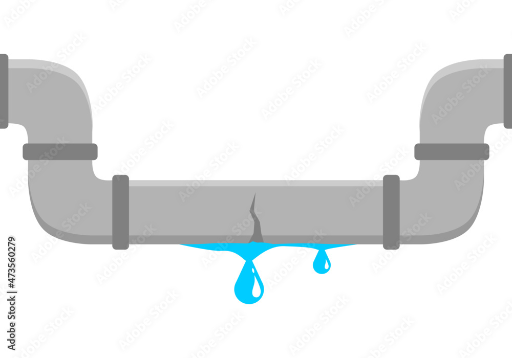 Leaking pipe tube flowing dripping water on white background floor flat vector icon design. Leaking pipe tube flowing dripping water on white background floor flat vector icon design.