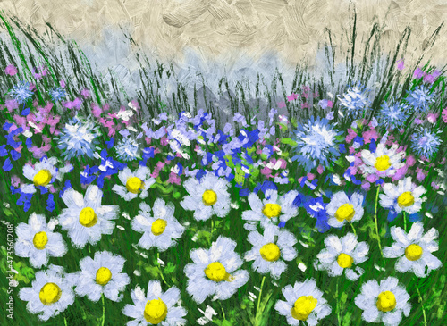 Oil paintingslandscape, field of flowers, flowers in the meadow. Fine art, artwork