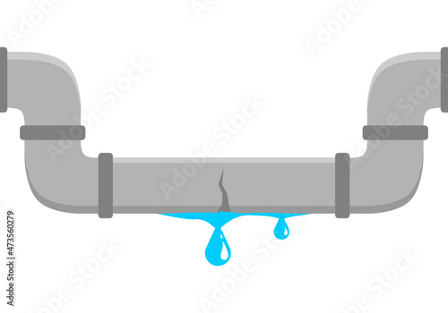 Leaking pipe tube flowing dripping water on white background floor flat vector icon design.