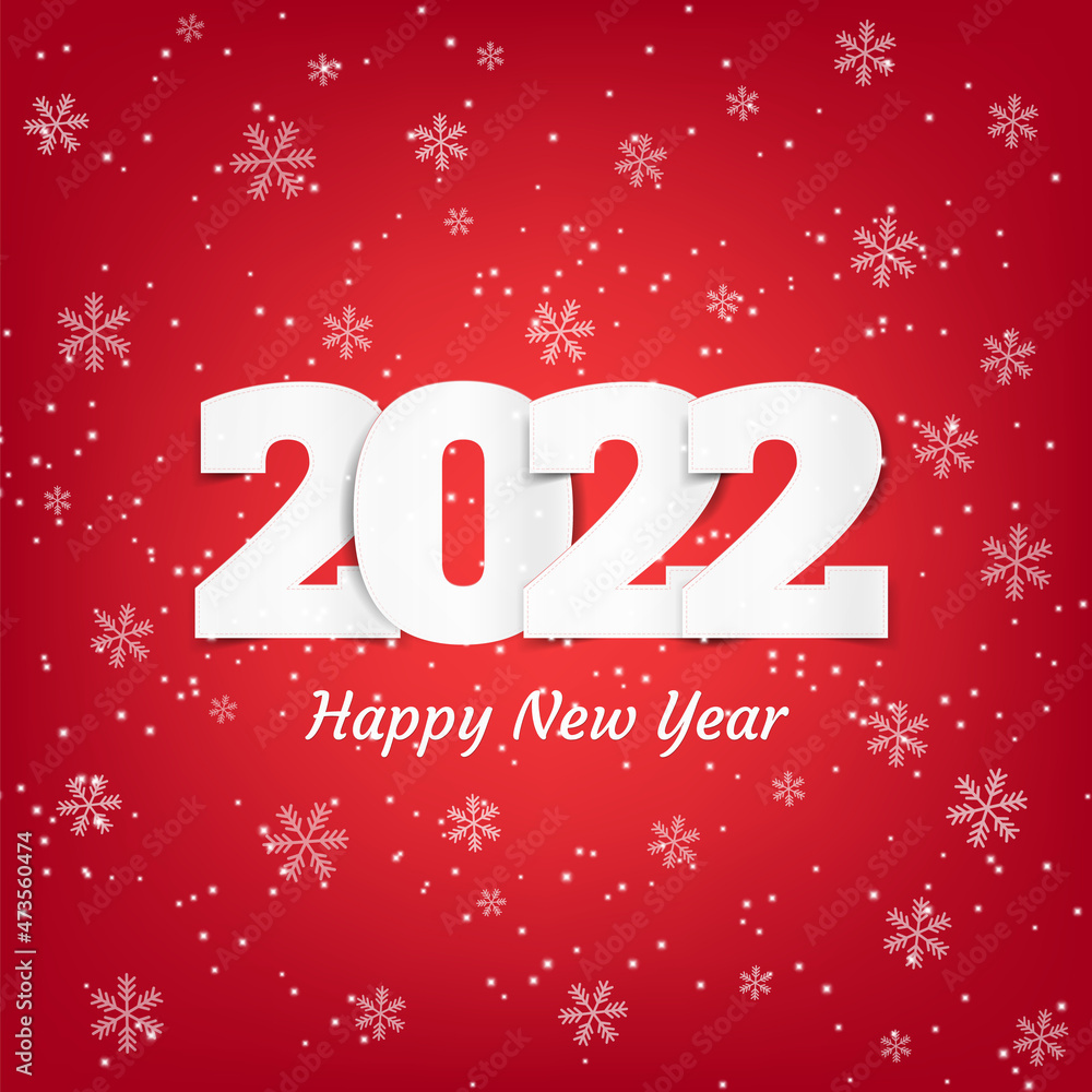 Happy New Year 2022 background, banner with falling snow and snowflakes on red background. Merry Christmas Greeting card, brochure or banner template. Stock Vector illustration.