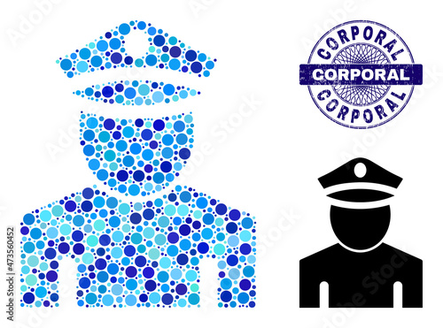 Rounded dot collage policeman icon and CORPORAL round rubber stamp print. Blue stamp includes CORPORAL caption inside circle and guilloche pattern. Vector collage is based on policeman icon,