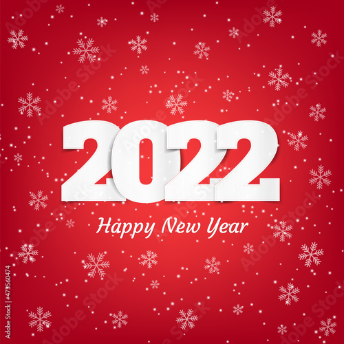 Happy New Year 2022 background, banner with falling snow and snowflakes on red background. Merry Christmas Greeting card, brochure or banner template. Stock Vector illustration.