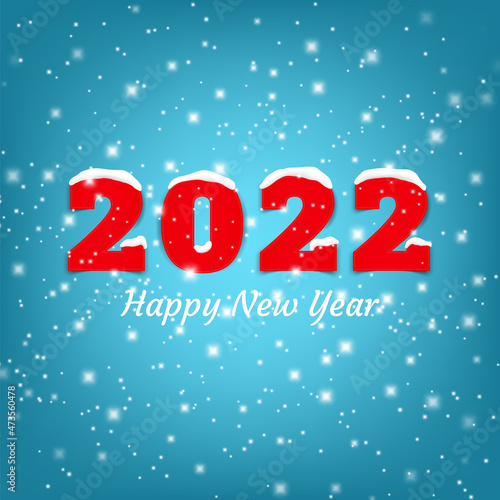 Happy New Year 2022 background, banner with falling snow and snowflakes on blue background. Numbers in the snow. Merry Christmas Greeting card, brochure or banner template. Stock Vector illustration.