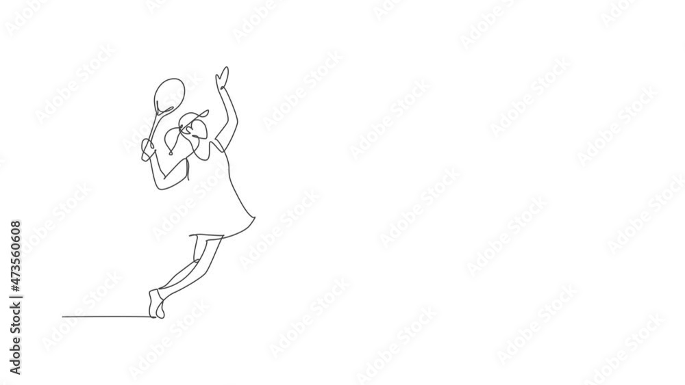 Animation of one line drawing of energetic woman tennis player ready to hit service ball. Sport training concept. Continuous line self draw animated for tennis tournament banner. Full length motion. Animation of one line drawing of energetic woman tennis player ready to hit service ball. Sport training concept. Continuous line self draw animated for tennis tournament banner. Full length motion.
