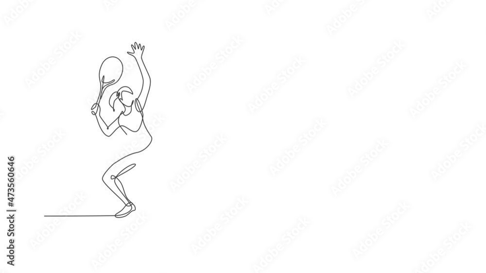 Animation of one line drawing of energetic female tennis player hit the ball. Sport training concept. Continuous line self draw animated for tennis tournament banner and poster. Full length motion. Animation of one line drawing of energetic female tennis player hit the ball. Sport training concept. Continuous line self draw animated for tennis tournament banner and poster. Full length motion.