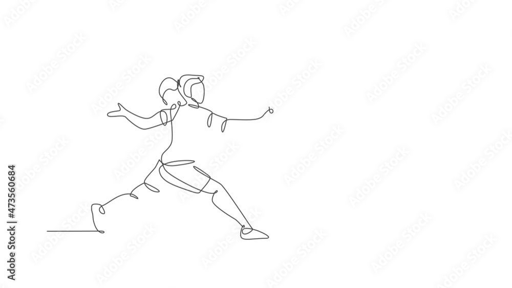 Animation of one line drawing of energetic badminton player defense to take opponent hit. Healthy sport concept. Continuous line self draw animated for badminton tournament poster. Full length motion. Animation of one line drawing of energetic badminton player defense to take opponent hit. Healthy sport concept. Continuous line self draw animated for badminton tournament poster. Full length motion.