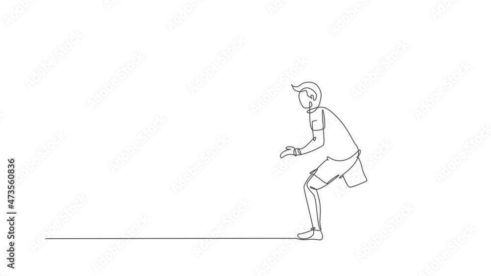 Animated self drawing of continuous line draw young agile badminton player wait for opponent serve. Competitive sport concept. Full length one line animation for badminton tournament publication. Animated self drawing of continuous line draw young agile badminton player wait for opponent serve. Competitive sport concept. Full length one line animation for badminton tournament publication.