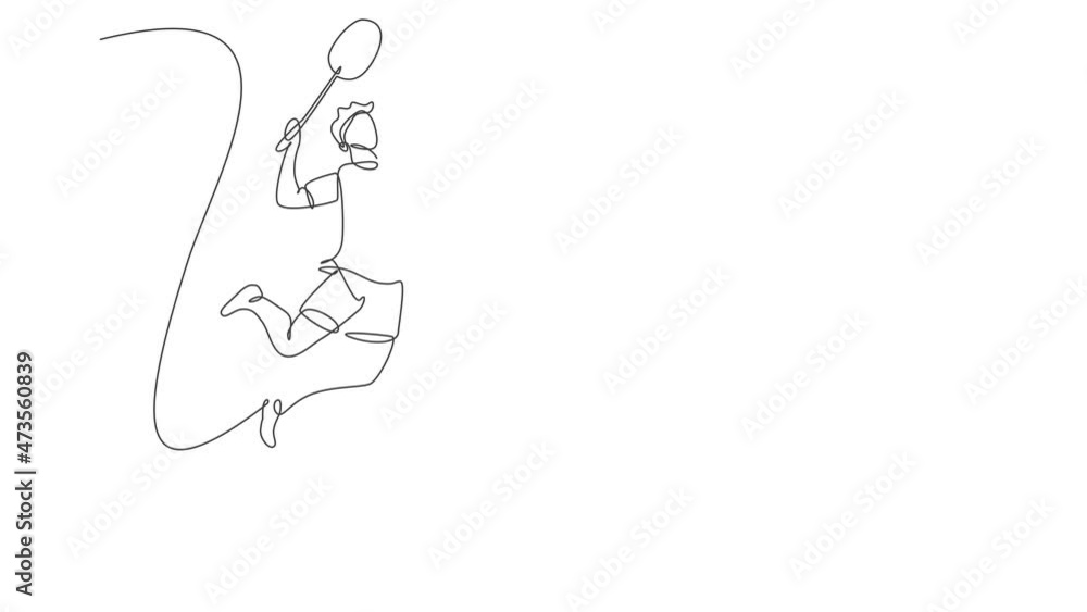 Animated self drawing of single continuous line draw young agile badminton player jump and smash the ball. Sport exercise concept. Full length one line animation for badminton tournament publication. Animated self drawing of single continuous line draw young agile badminton player jump and smash the ball. Sport exercise concept. Full length one line animation for badminton tournament publication.